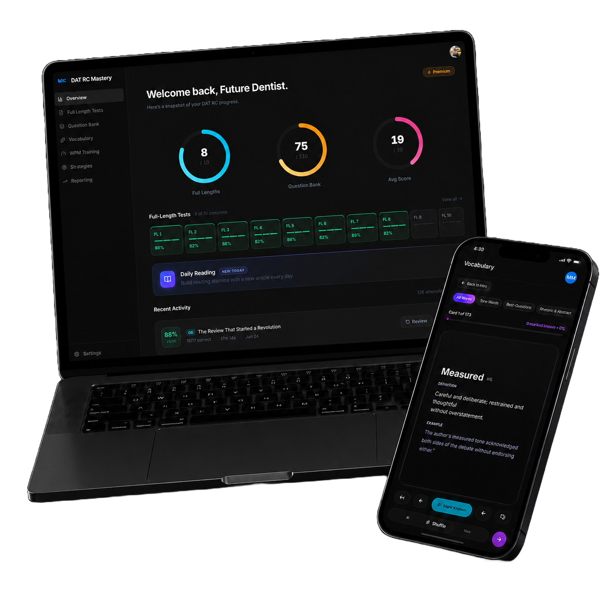 DAT RC Mastery dashboard preview on laptop and phone