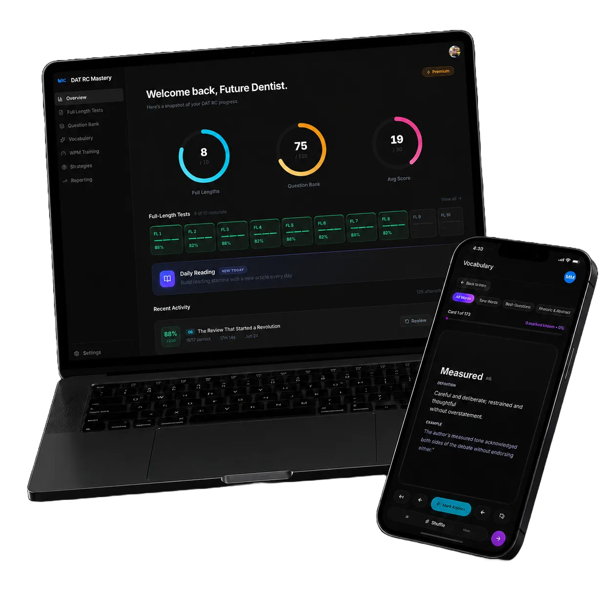 DAT RC Mastery dashboard preview on laptop and phone